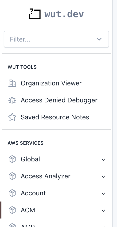Wut.Dev AWS Services Menu